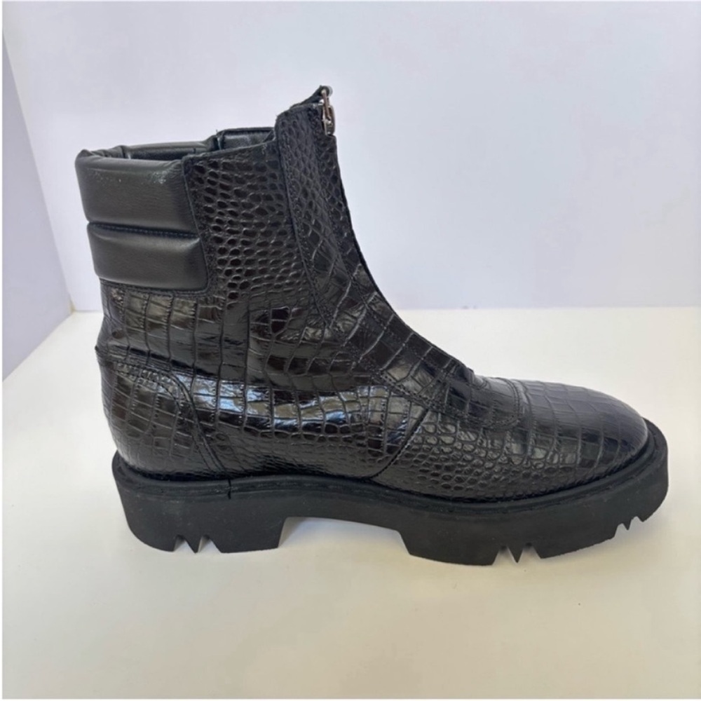 Aquatalia Combat Weatherproof Boots Moto Croc Embossed Leather Black Size 10.5 - Picture 10 of 16